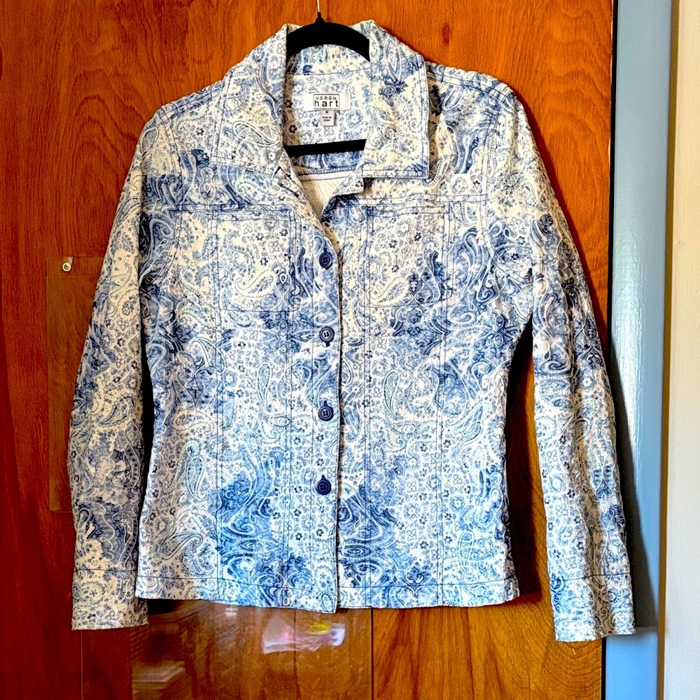 KEREN Hart Blue and White Paisley Denim Jean Jacket Vintage